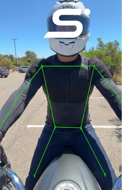 AI body tracking overlay with green skeleton wireframe on a rider